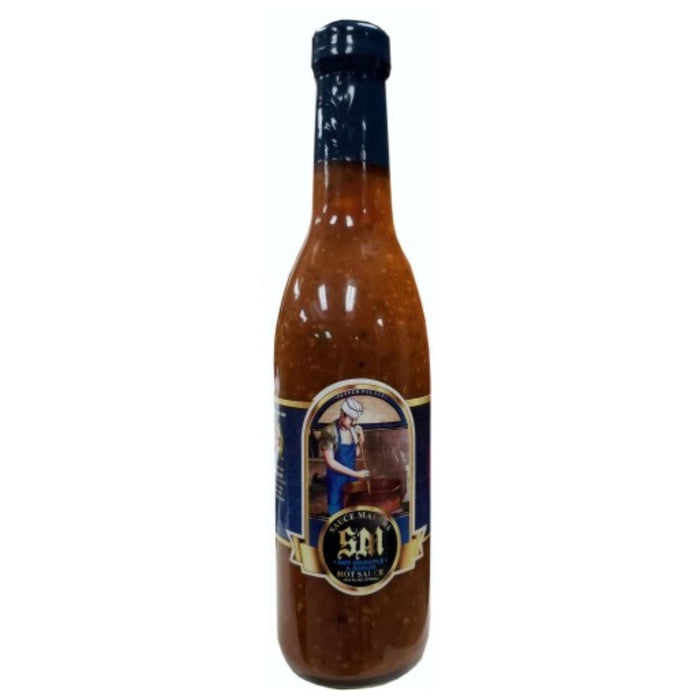 Bottle of hot sauce with a label on a white background