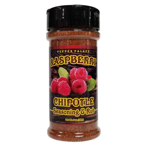 Jar of Raspberry Chipotle seasoning and rub with a black lid on a white background