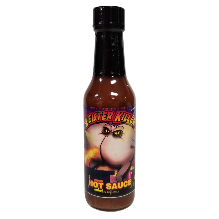 Bottle of Meister Killer hot sauce with a cartoon character on the label against a white background
