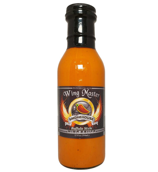 Bottle of Wing Master Smokehouse Buffalo Style wing sauce on a white background
