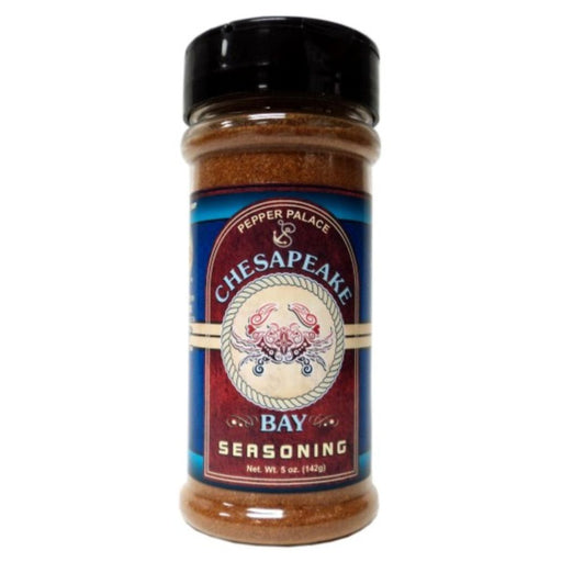 Chesapeake Bay seasoning bottle with a blue label on a white background