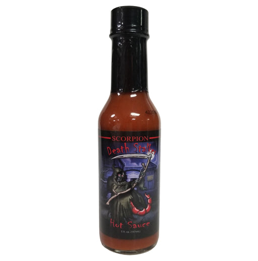 Bottle of Scorpion Death Sauce hot sauce on a white background