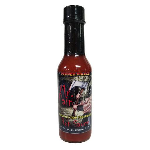 Bottle of Mr. Pain Hot Sauce with a black cap on a white background