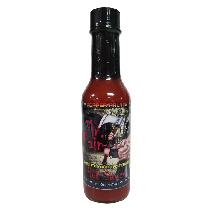 Bottle of Mr. Pain Hot Sauce with a black cap on a white background