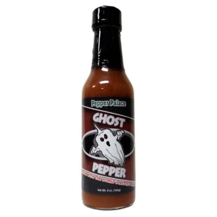 Bottle of Ghost Pepper sauce from Pepper Palace on a white background
