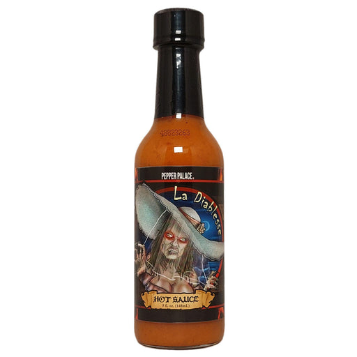 Hot sauce bottle with a label featuring a character and 'La Diablette' text on a white background