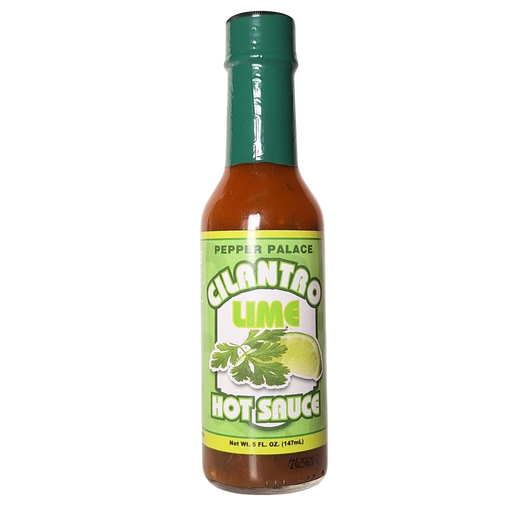 Bottle of Cilantro Lime hot sauce with green cap on a white background