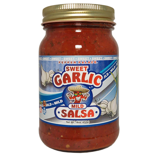 Jar of Sweet Garlic Mild Salsa with a colorful label on a white background