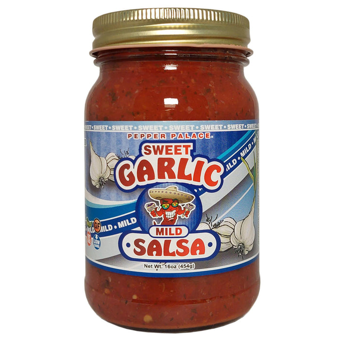 Jar of Sweet Garlic Mild Salsa with a colorful label on a white background