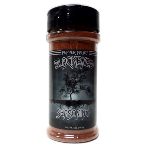 Spice jar labeled 'Pepper Palace Blackened Seasoning' on a white background