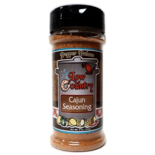 Bottle of Pepper Palace Low Country Cajun Seasoning on a white background