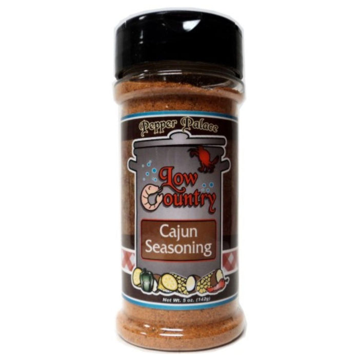Bottle of Pepper Palace Low Country Cajun Seasoning on a white background