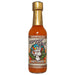 Bottle of Hoppin' Heat hot sauce with a gold cap on a white background