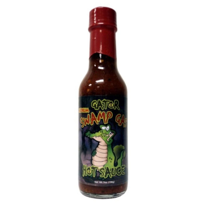 Bottle of Gator Swamp Eater hot sauce on a white background