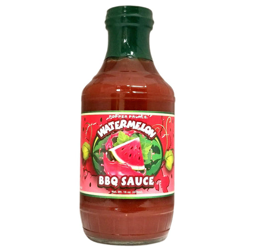 Bottle of watermelon BBQ sauce with a colorful label on a white background