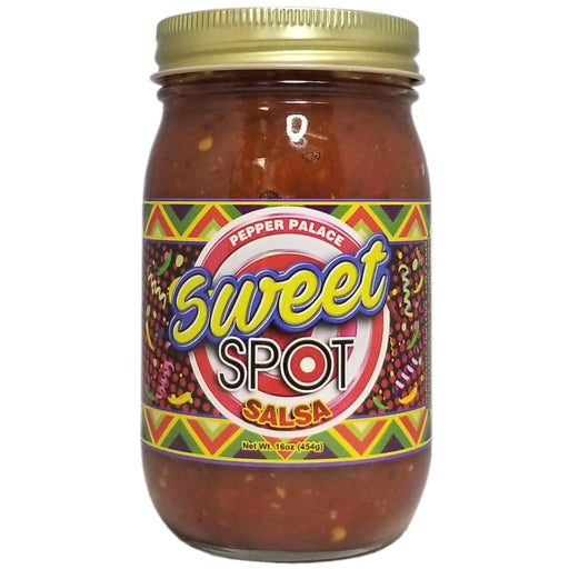 Jar of Sweet Spot Salsa with colorful label on a white background