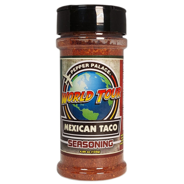 Bottle of Pepper Palace World Tour Mexican Taco seasoning on a white background