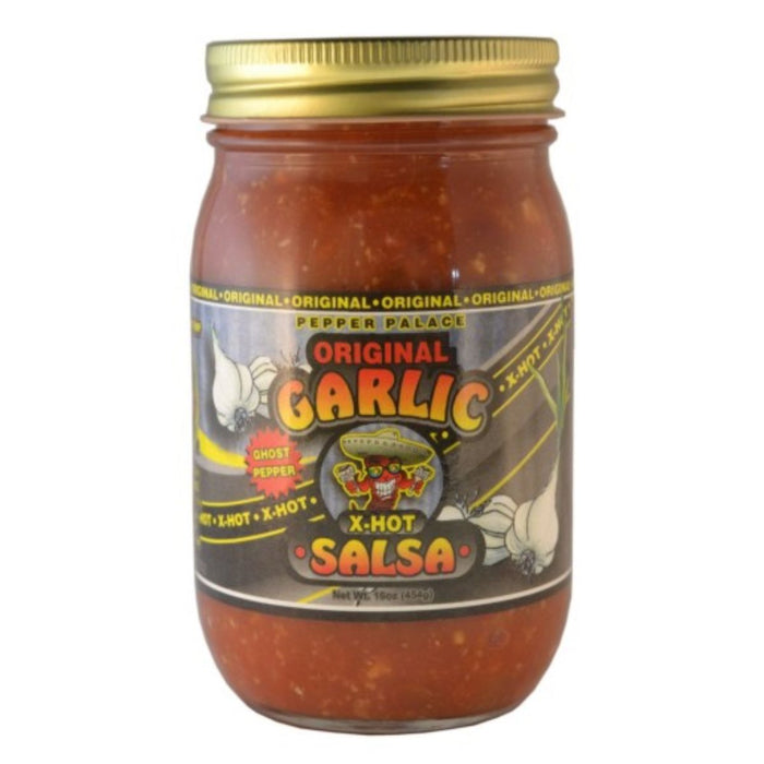 Jar of Original Garlic X-Hot Salsa with a gold lid on a white background