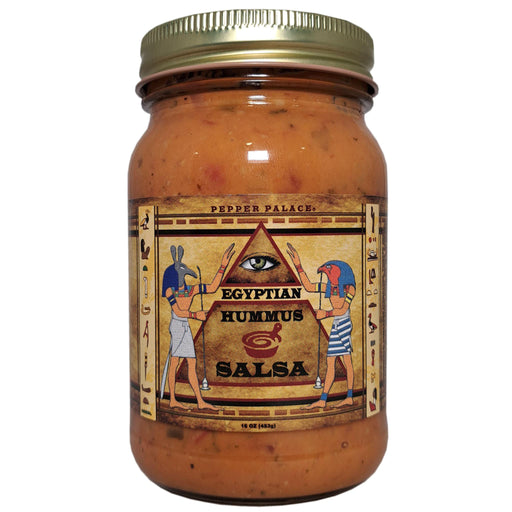 Jar of Egyptian Hummus Salsa with decorative label on a white background