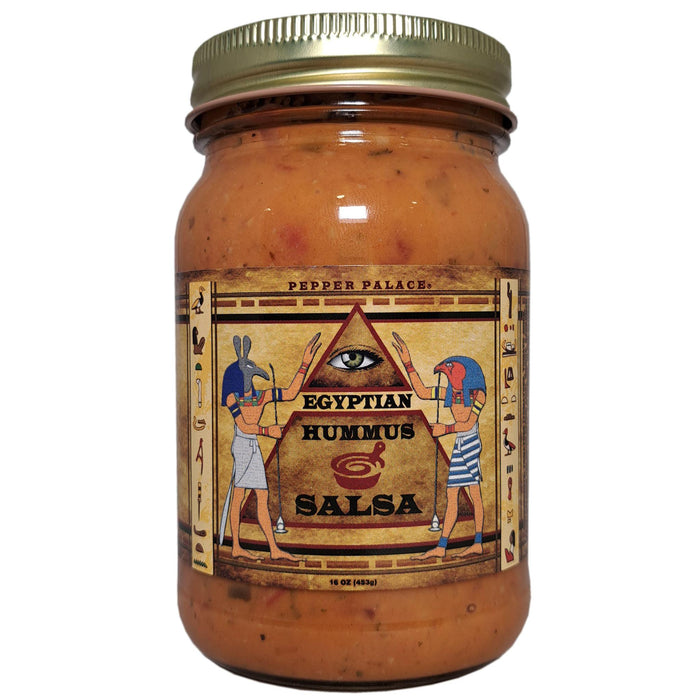 Jar of Egyptian Hummus Salsa with decorative label on a white background