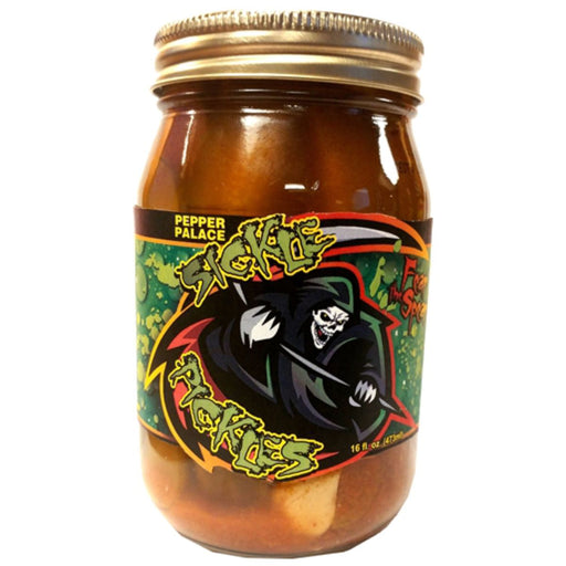 Jar of pickles with a colorful label on a white background