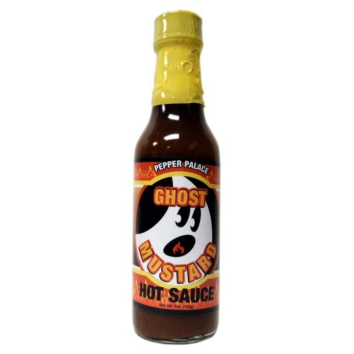 Bottle of Ghost Mustard hot sauce with a yellow cap on a white background