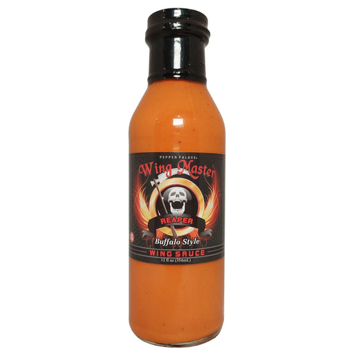 Bottle of Wing Master Reaper Buffalo Style Wing Sauce on a white background