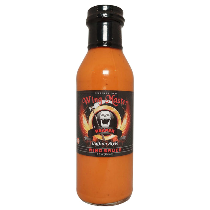 Bottle of Wing Master Reaper Buffalo Style Wing Sauce on a white background