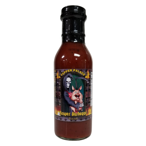 Bottle of Pepper Palace Reaper Barbeques sauce on a white background