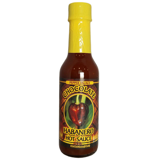 Bottle of Chocolate Habanero Hot Sauce with a yellow cap on a white background