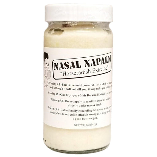Jar of 'Nasal Napalm Horseradish Extreme' on a white background