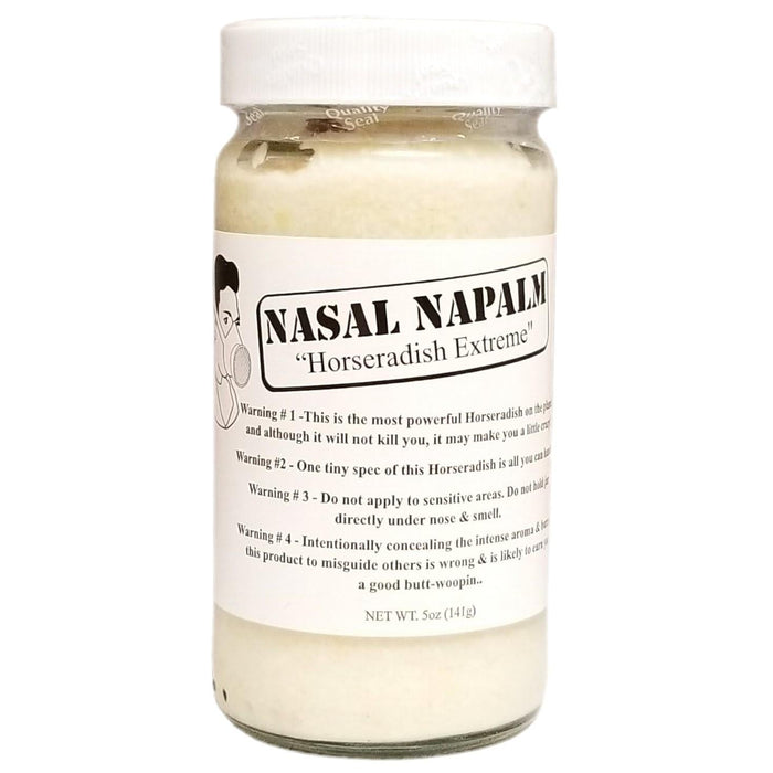 Jar of 'Nasal Napalm Horseradish Extreme' on a white background