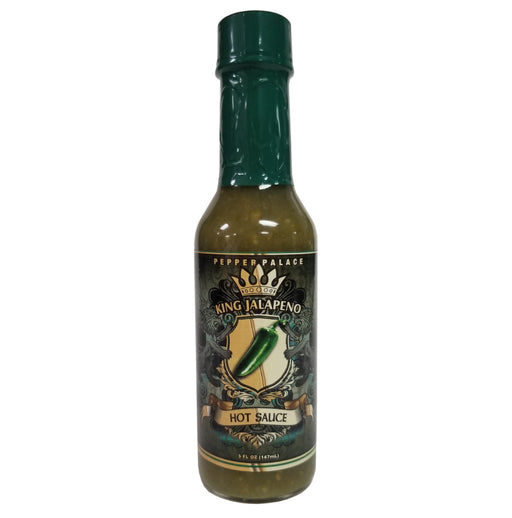 Bottle of King Jalapeno hot sauce with a green cap on a white background