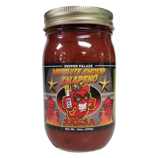Jar of Mesquite Smoked Jalapeno Salsa with a colorful label on a white background