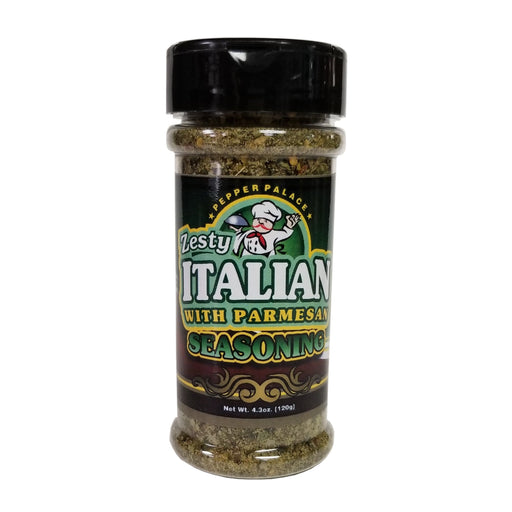 Jar of Italian seasoning with Parmesan flavor on a white background