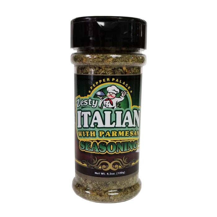 Jar of Italian seasoning with Parmesan flavor on a white background