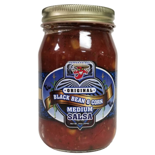Jar of Original Black Bean & Corn Medium Salsa with a gold lid on a white background