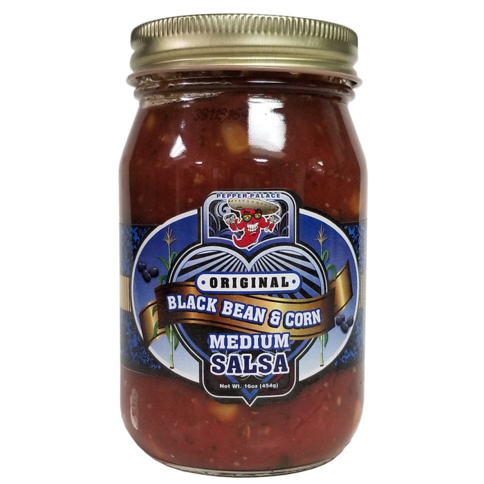 Jar of Original Black Bean & Corn Medium Salsa with a gold lid on a white background