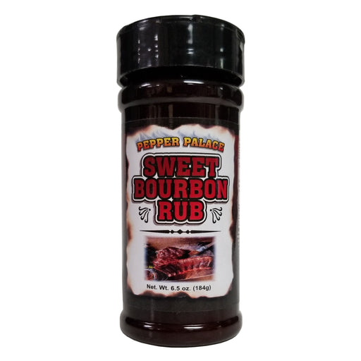 Bottle of Pepper Palace Sweet Bourbon Rub on a white background