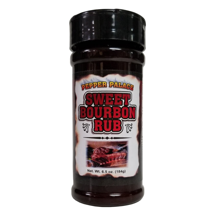 Bottle of Pepper Palace Sweet Bourbon Rub on a white background