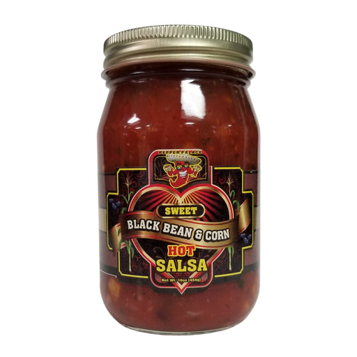 Jar of sweet black bean and corn hot salsa with a label on a white background