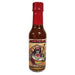 Hot sauce bottle with red cap and label featuring a skull and crossbones design on a white background