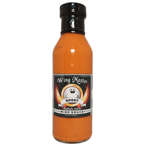 Bottle of Wing Master Ghost Buffalo Style Wing Sauce on a white background