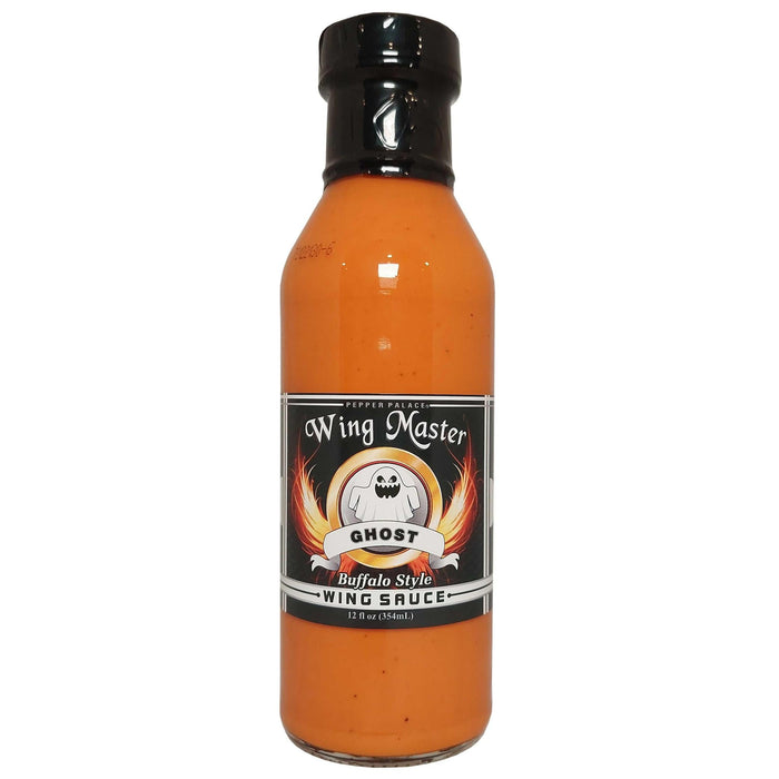 Bottle of Wing Master Ghost Buffalo Style Wing Sauce on a white background