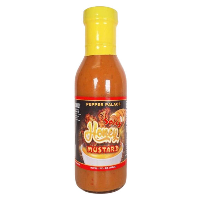 Bottle of Pepper Palace Spicy Honey Mustard on a white background