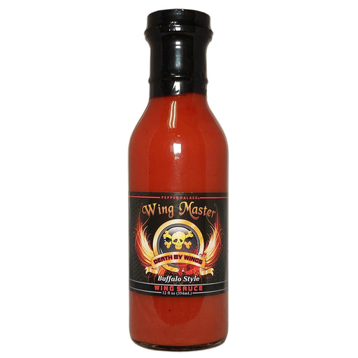 Bottle of Wing Master hot sauce on a white background