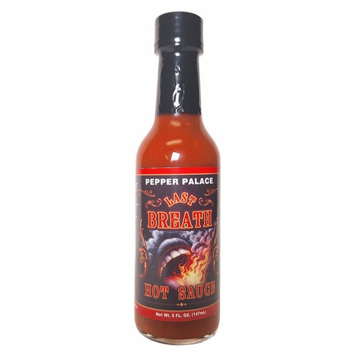 Bottle of Pepper Palace Last Breath Hot Sauce on a white background