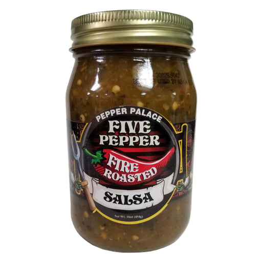 Jar of Five Pepper Fire Roasted Salsa with a gold lid on a white background