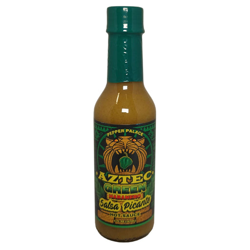 Bottle of Azteca Green Habanero Salsa Picante hot sauce with green cap on a white background