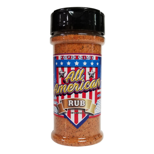 Bottle of Pepper Palace All American Rub on a white background